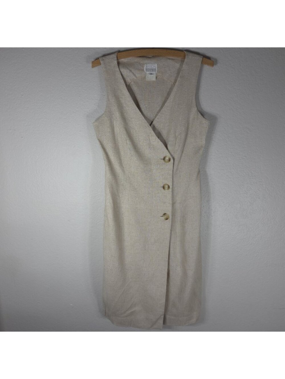 Moda International Cream Linen Blend Wrap Midi Dress Sleeveless 4 Button Front